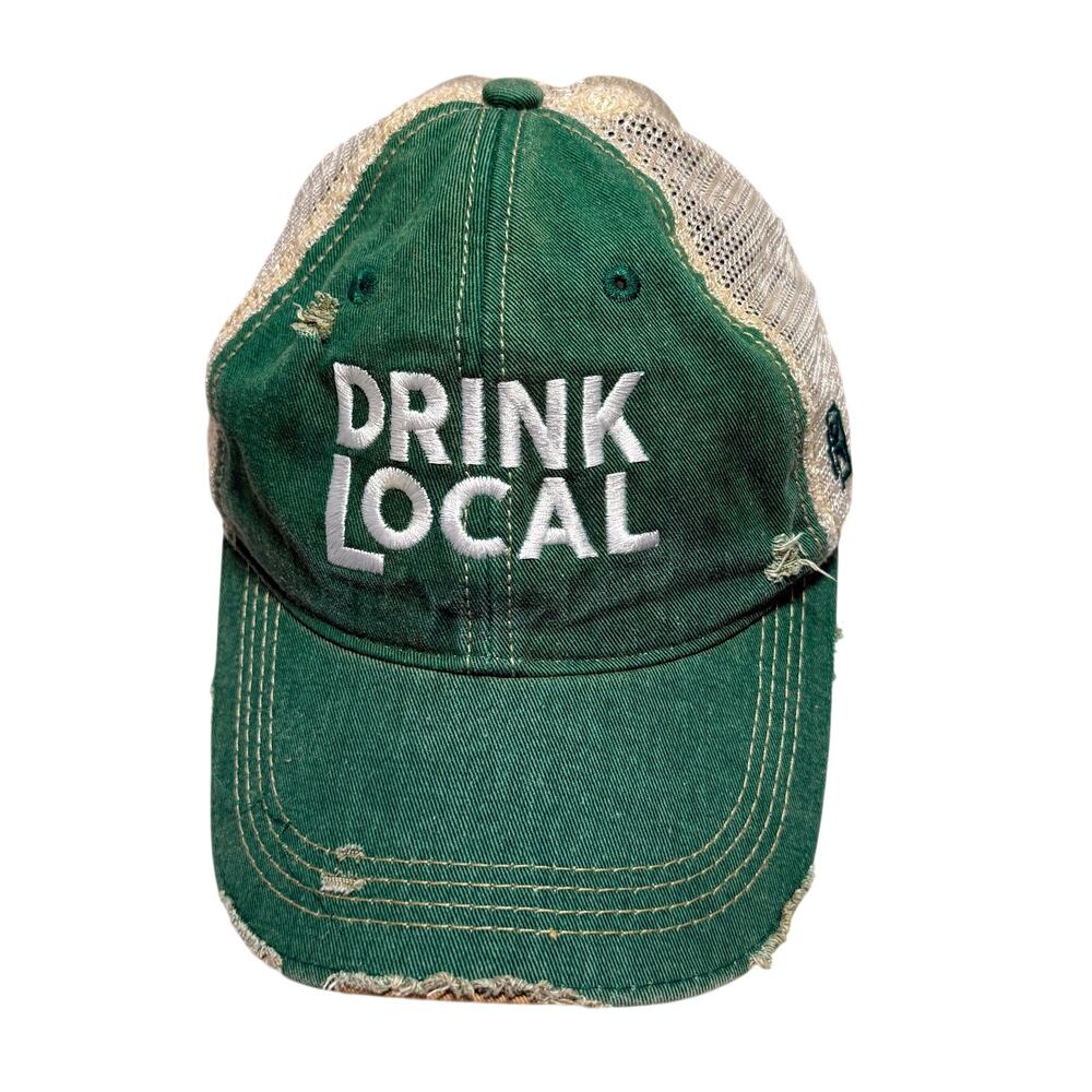 Retro Brand Distressed Drink Local Trucker Hat OS Green Boho Outdoor Weathered